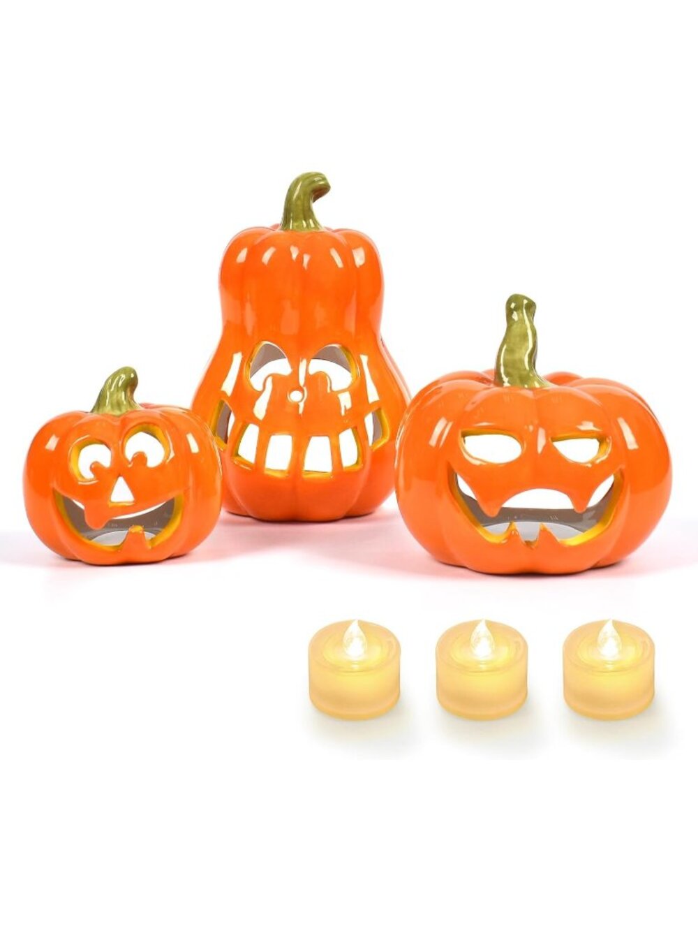 Orange Ceramic Pumpkin with 3 Tea Lights Jack-O-Lantern Candle Holder Set of 3